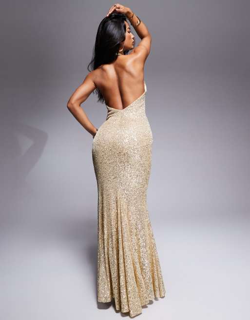 long gold backless dress Gold Mermaid Fitted Evening Dress,Lace Tight Prom Dress,Backless Eveni main image 1