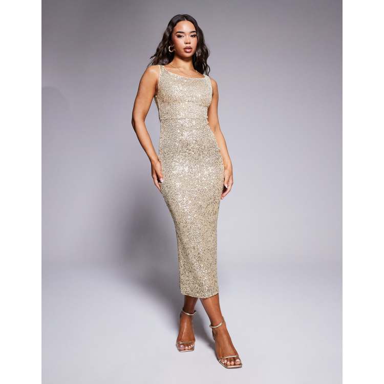 ASOS DESIGN sequin super scoop bardot midi dress in gold | ASOS