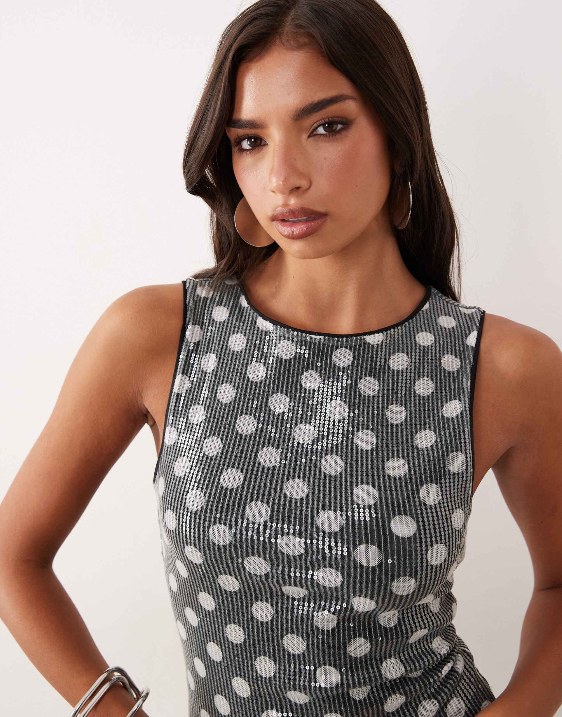 asos design sequin tank top in black and white spot print - part of a set