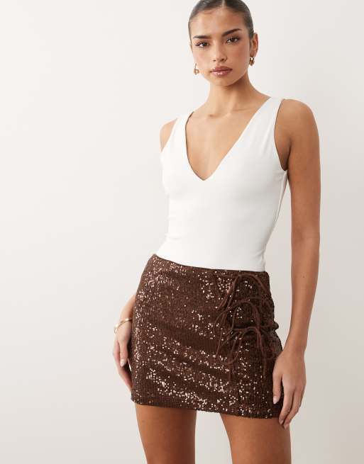 ASOS DESIGN sequin tie side mini skirt in chocolate, 4 of 5