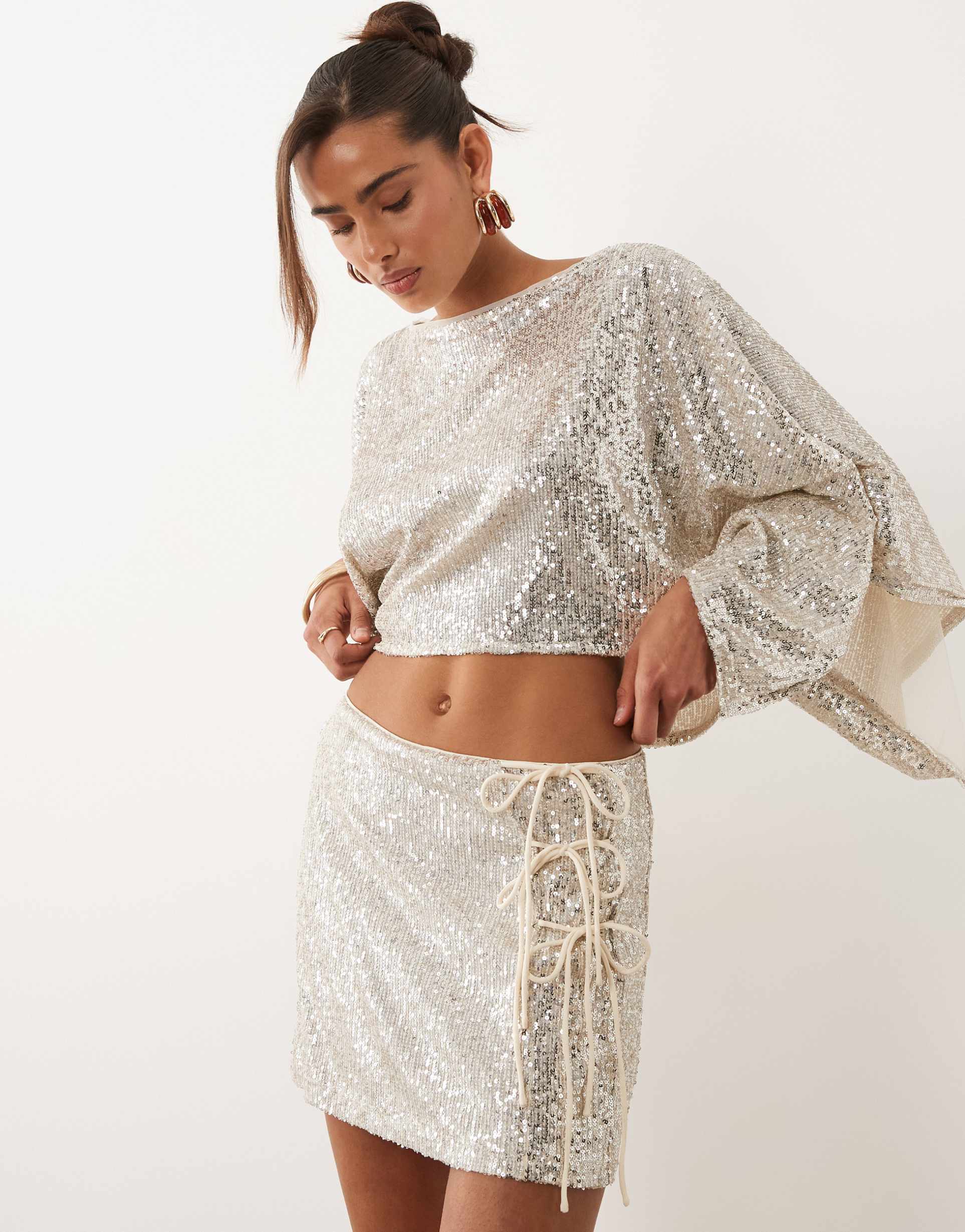 asos design sequin tie side mini skirt in ivory