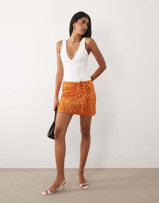 ASOS DESIGN sequin tie side mini skirt in orange, 2 of 5