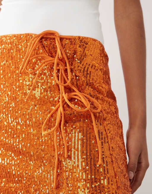 ASOS DESIGN sequin tie side mini skirt in orange, 3 of 5