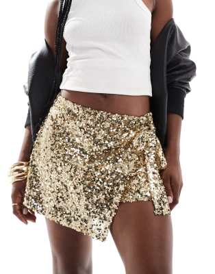 Asos Design Sequin Tie Side Wrap Skort In Gold