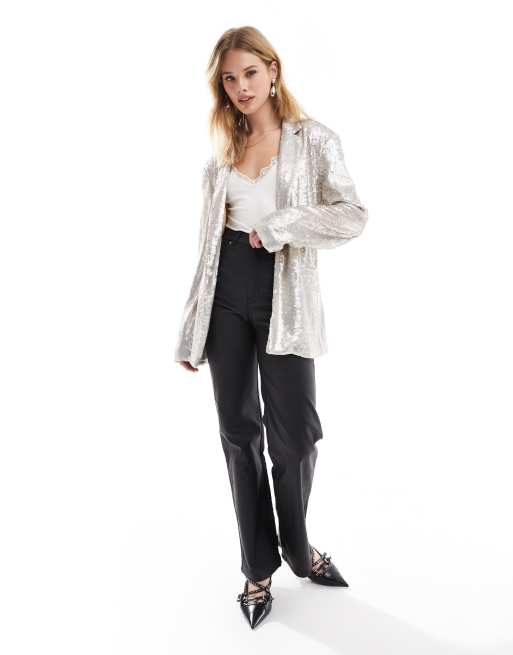 ASOS DESIGN sequin tie waist blazer and pants in cream