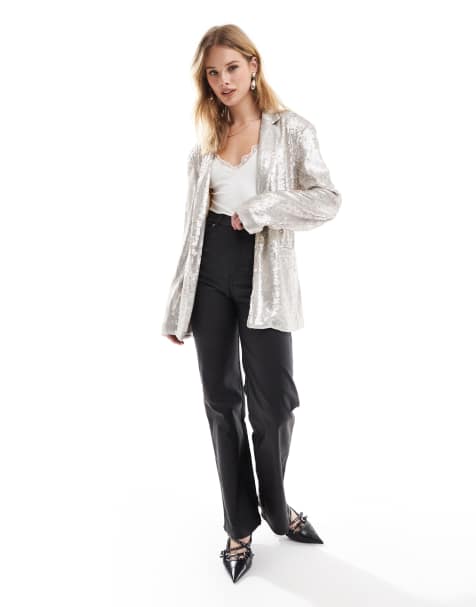 ASOS DESIGN sequin tie waist blazer and trousers in cream - view 1