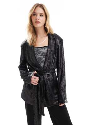 sequin tie waist blazer in black