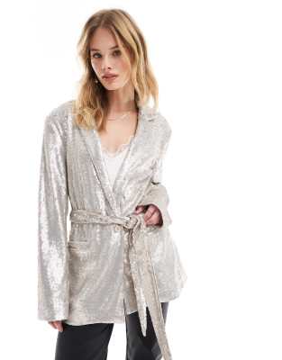 sequin tie waist blazer in cream-Neutral