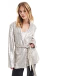 [ASOS DESIGN] ASOS DESIGN sequin tie waist blazer in cream-Neutral XS Stone