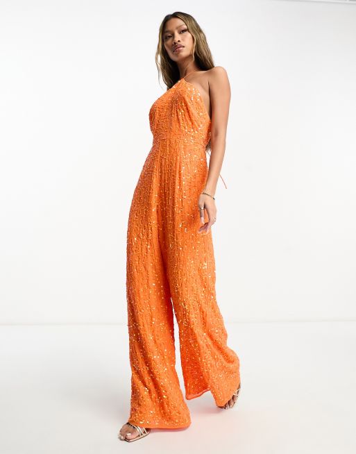 ASOS DESIGN sequin triangle halterneck jumpsuit in orange