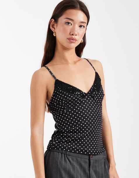 ASOS DESIGN sequin trim mesh cami top in black polka dot - view 1