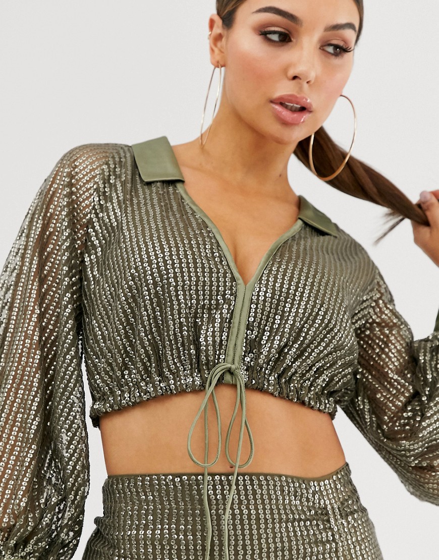 ASOS DESIGN sequin tux crop top co-ord with draw cord-Green