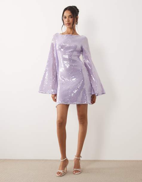 ASOS DESIGN sequin waterfall sleeve mini dress in lilac - view 1