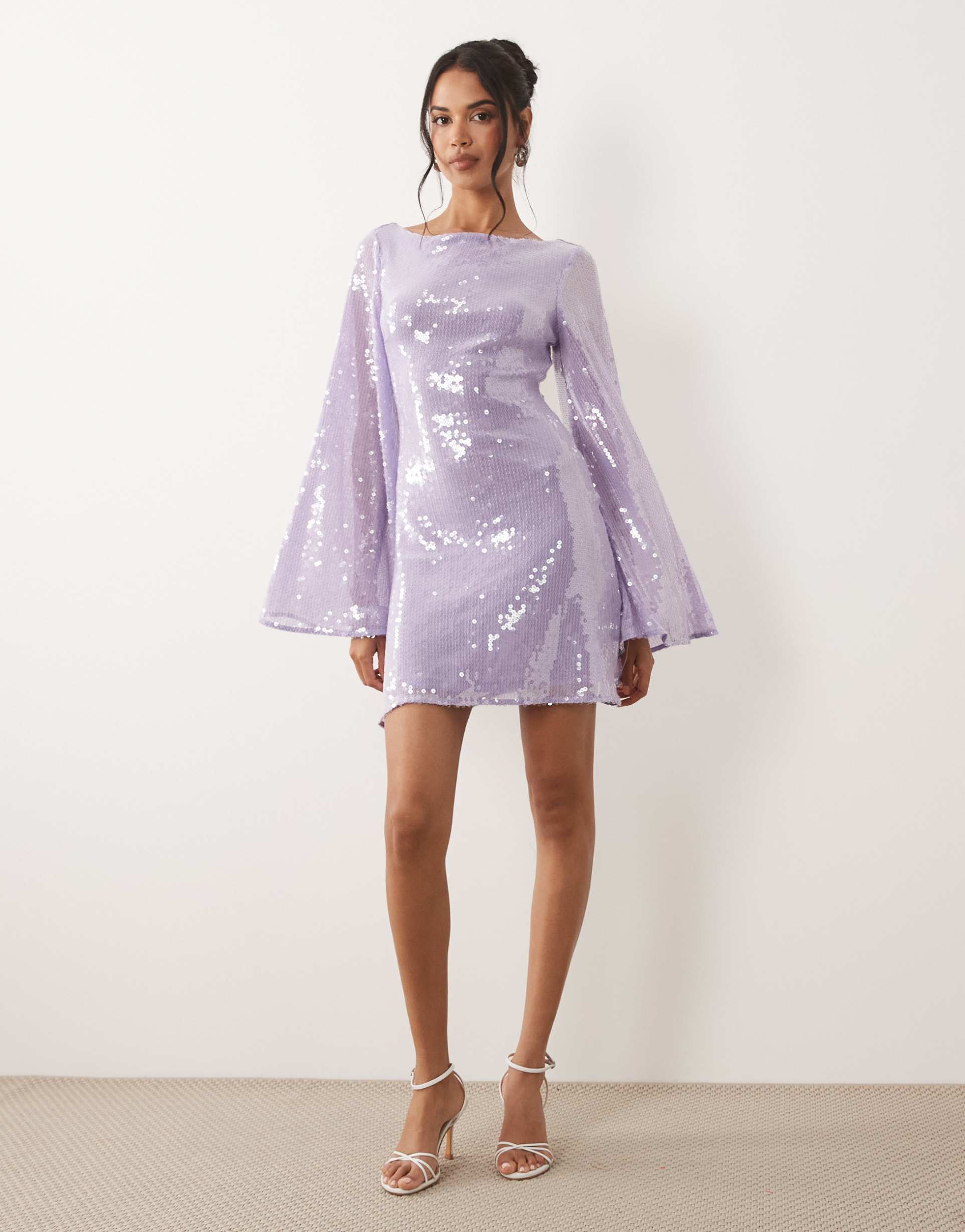 asos design sequin waterfall sleeve mini dress in lilac