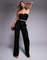 ASOS DESIGN ruched sequin bandeau and wide leg pants set in