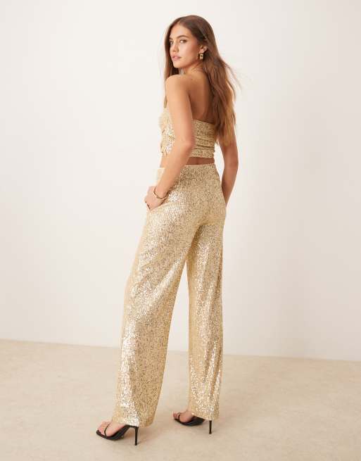 ASOS DESIGN sequin wide leg pants in gold (part of a set), 3 of 5