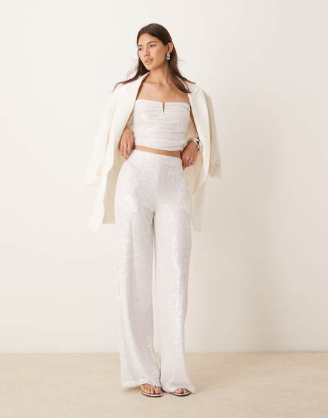 ASOS DESIGN sequin wide leg pants in white (part of a set) - view 1