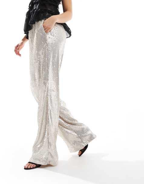 ASOS DESIGN sequin wide leg tailored trouser in cream - view 1