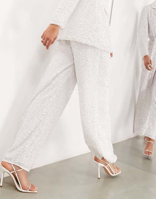 ASOS DESIGN sequin wide leg wedding pants in ivory, 3 of 4