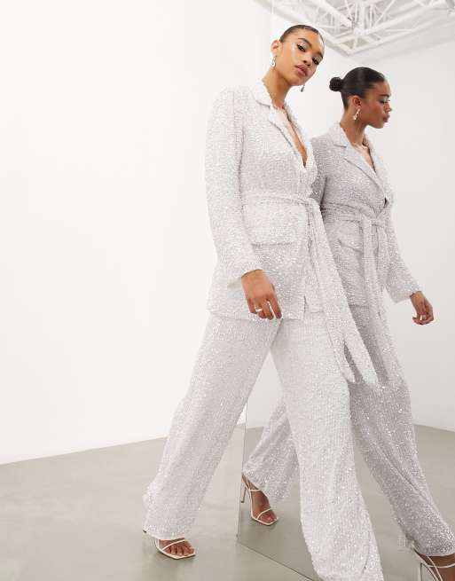 ASOS EDITION sequin tie-front wedding blazer and pants in ivory