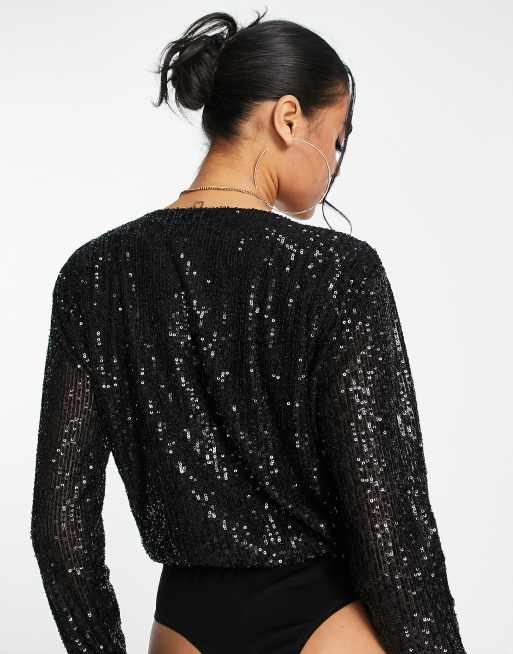 Women's Black Sequin Volume Sleeve Plunge Bodysuit