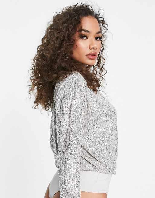 ASOS DESIGN sequin wrap bodysuit in silver, 4 of 4