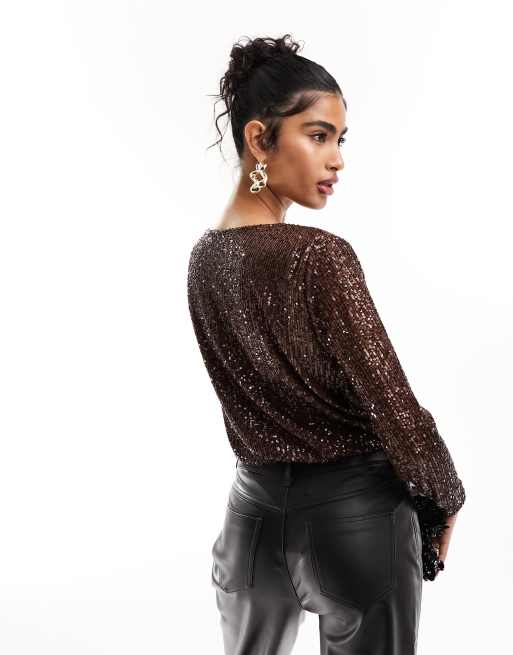 ASOS DESIGN sequin wrap bodysuit with blouson sleeve in chocolate , 3 of 4