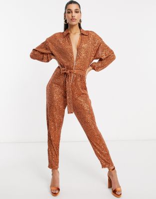 ASOS DESIGN sequin zip-front jogger jumpsuit in rust