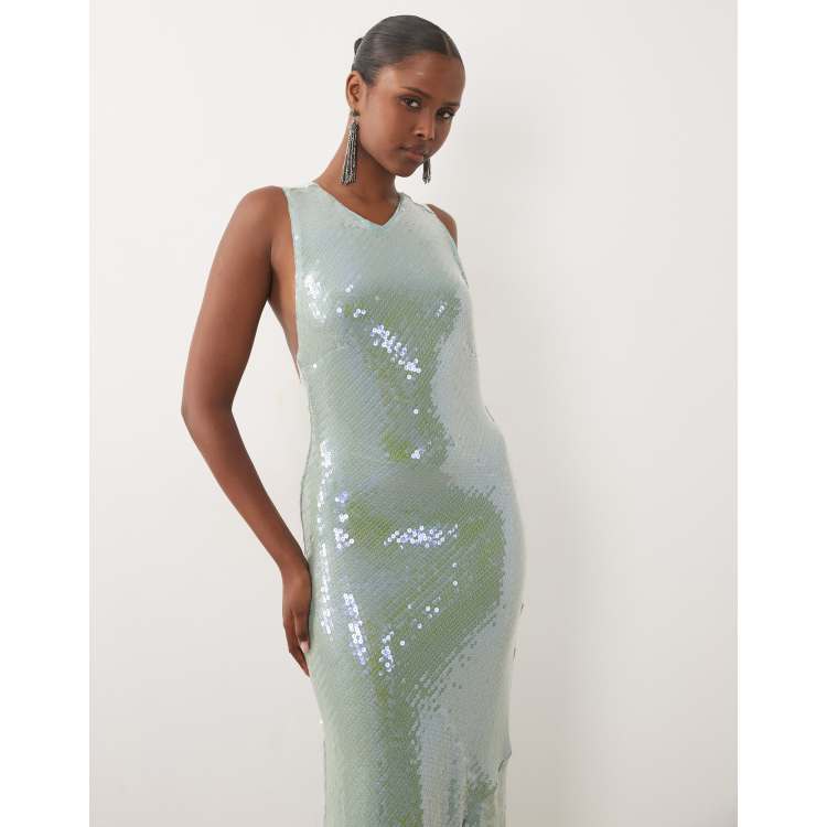 sage green sequin dress ASOS DESIGN sequined high neck maxi with open knot back in nosto-push
