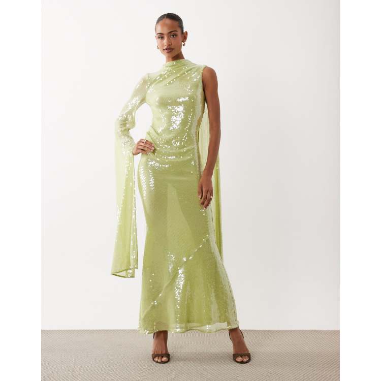 light green high neck dress ASOS Design - Sequined One Sleeve Maxi - Women - Polyester/Elastane - 14 US 3-size_2xl