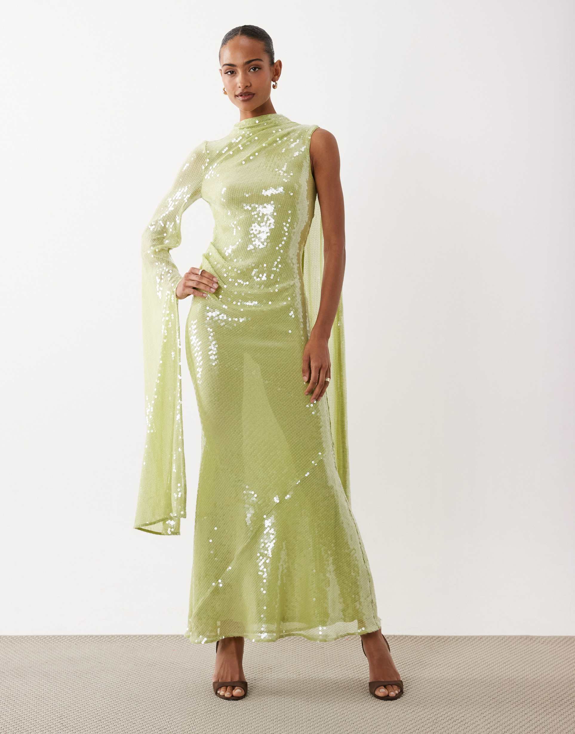 asos design sequined high neck one sleeve maxi dress in light green