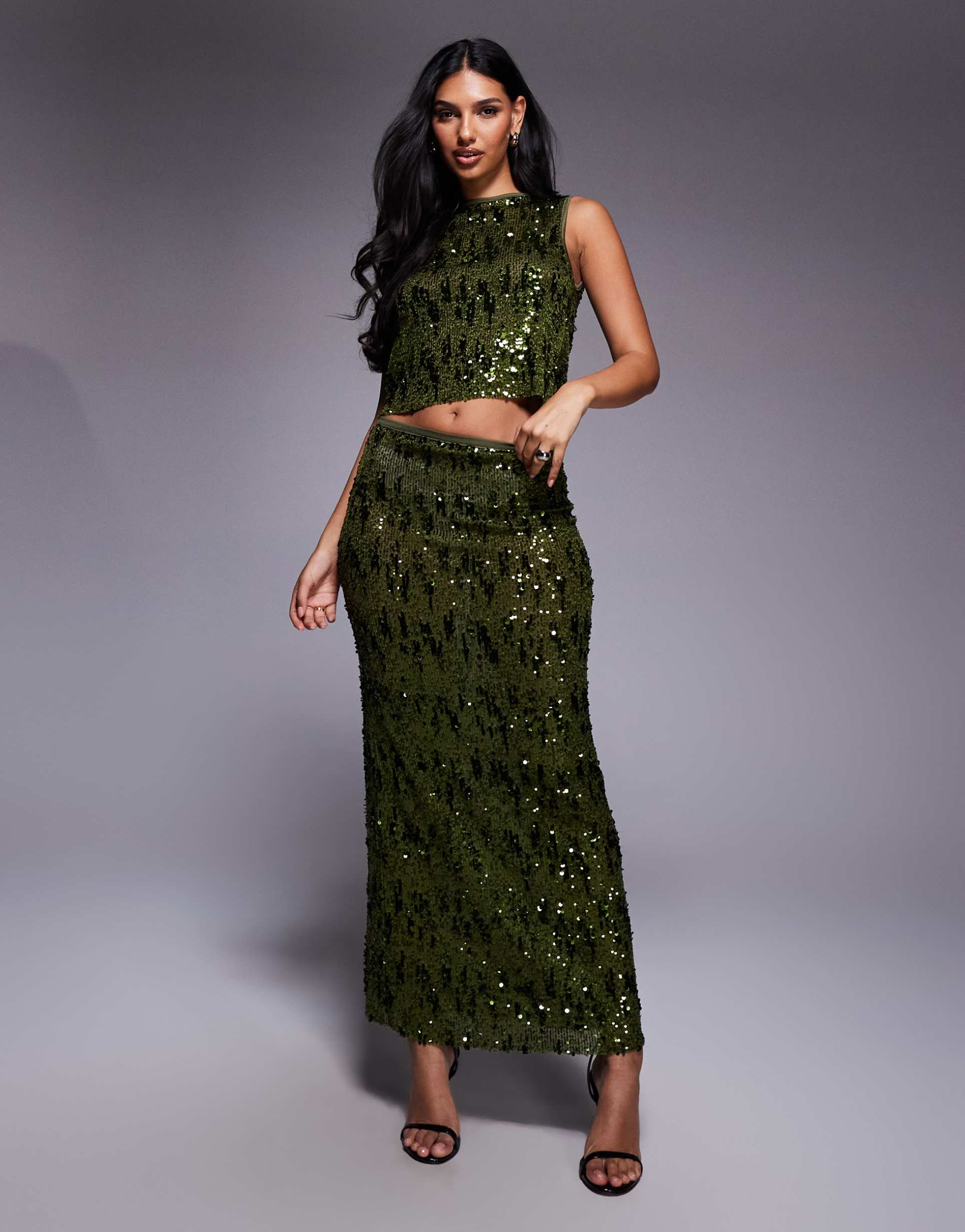 asos design sequined mesh maxi skirt in green - part of a set