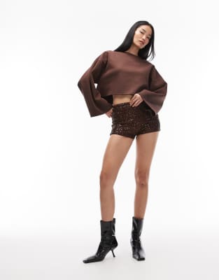 Asos Design Sequined Mini Shorts In Brown