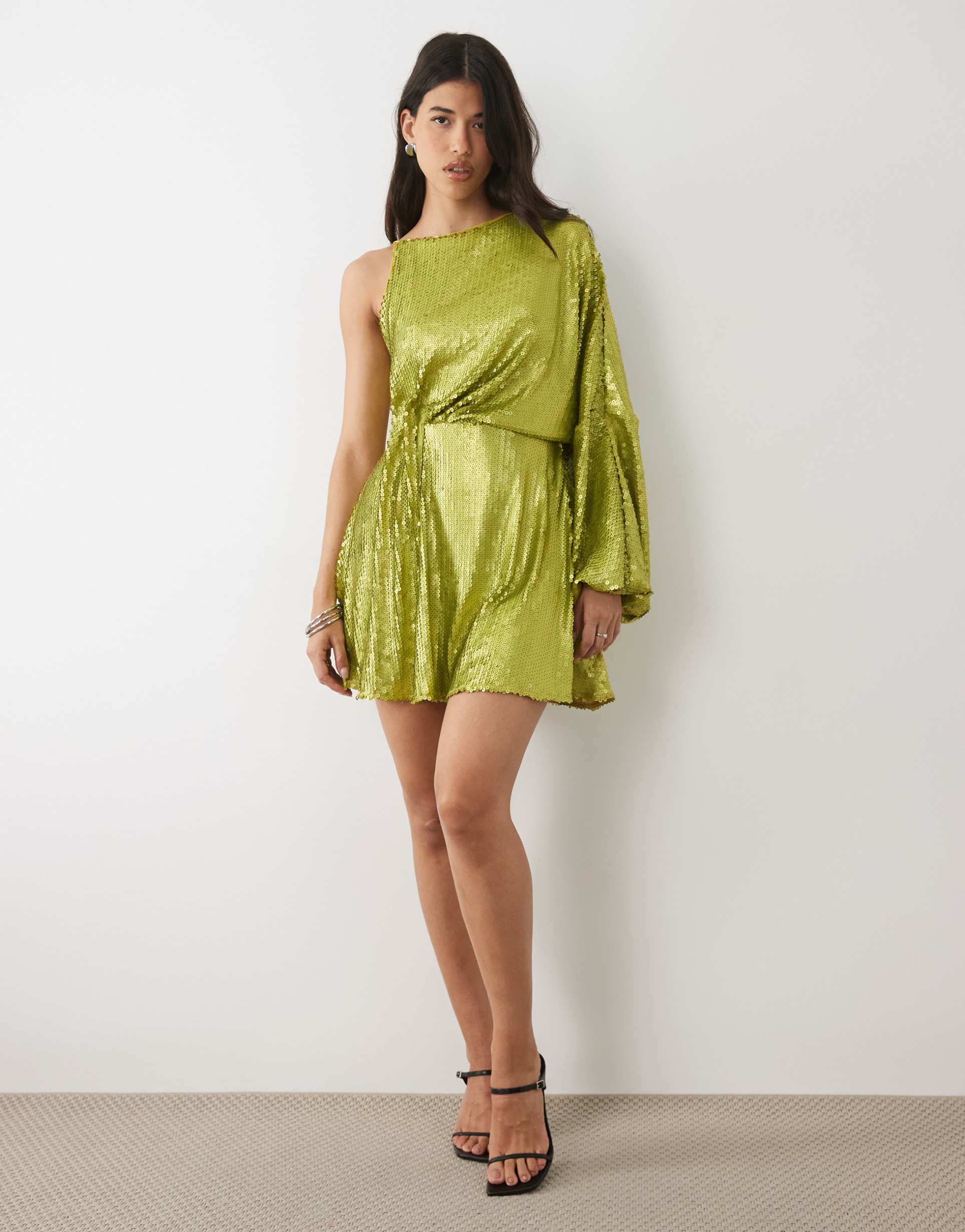 asos design sequined one sleeve draped mini dress in olive green