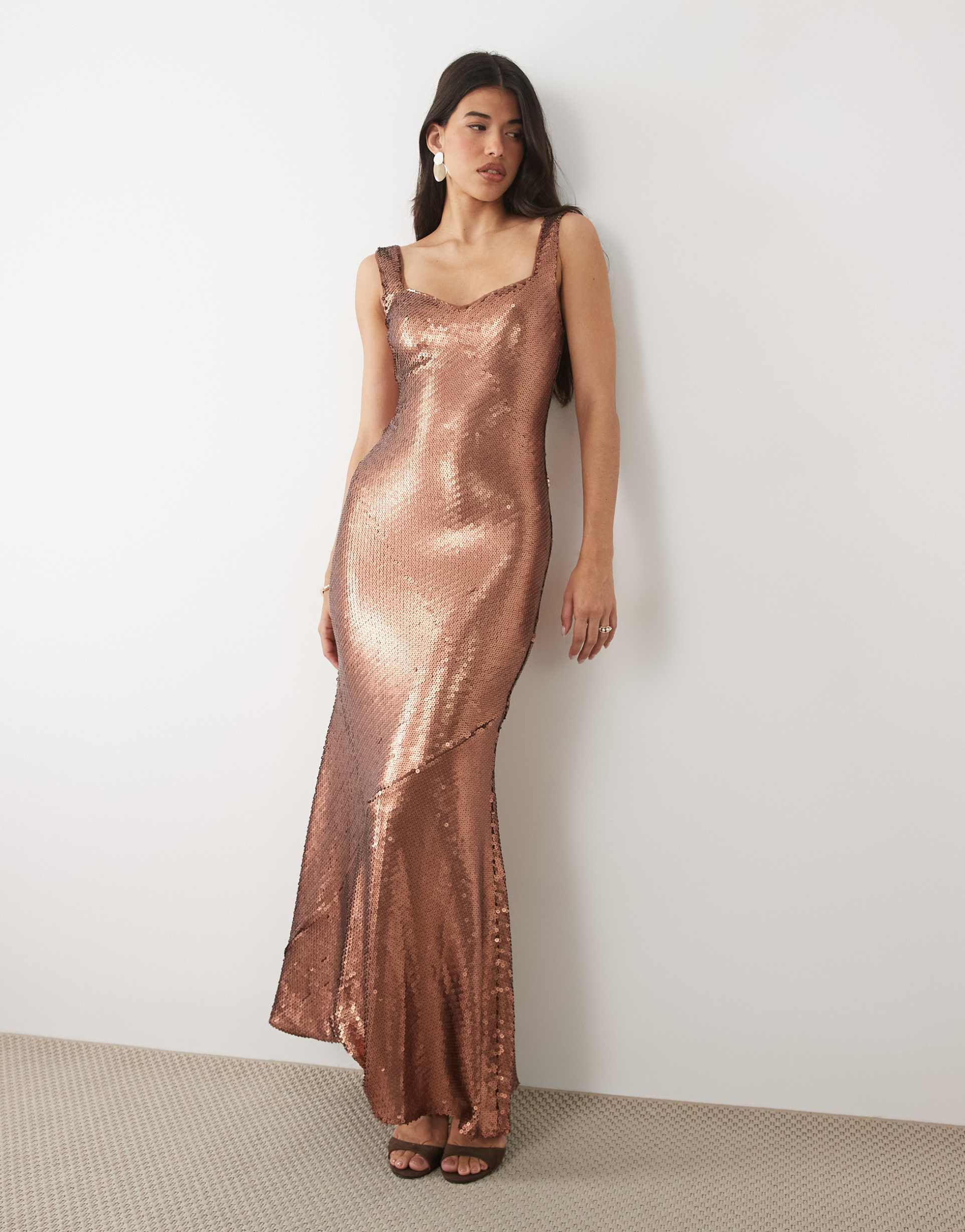 asos design sequined scoop back maxi dress in brown