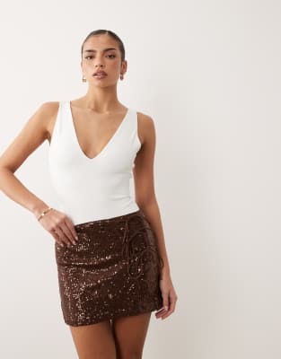 Asos Design Sequined Side Tie Mini Skirt In Brown