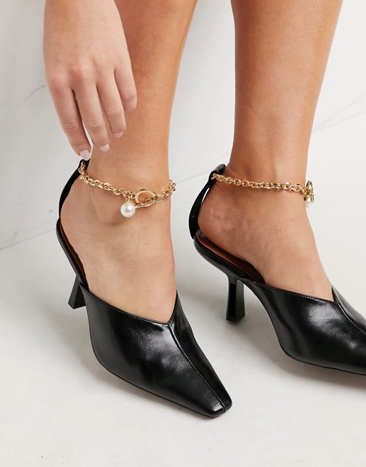 ASOS DESIGN Seren ankle chain detail mid heeled shoes in black