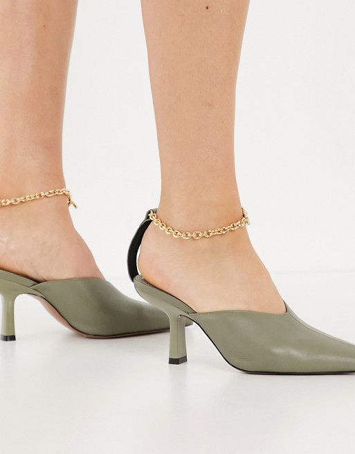 ASOS DESIGN Seren ankle chain detail mid heeled shoes in oilve