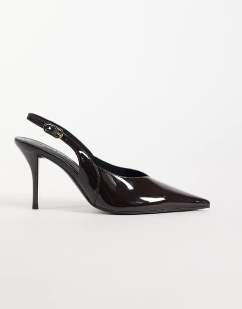ASOS DESIGN Serena slingback stiletto heels in chocolate patent - view 1
