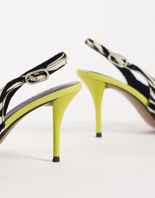 ASOS DESIGN Serena slingback stiletto heels in purple, lime & zebra, 3 of 4