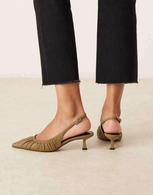 ASOS DESIGN Serenity ruched slingback kitten heel shoes in khaki green, 4 of 4