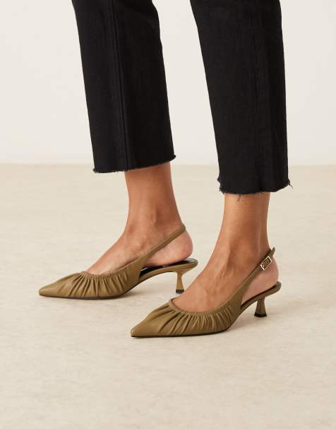 ASOS DESIGN Serenity ruched slingback kitten heel shoes in khaki - view 1