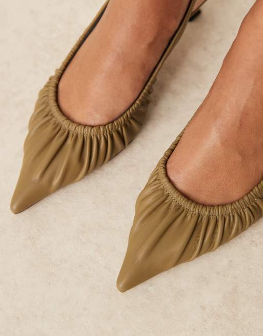 ASOS DESIGN Serenity ruched slingback kitten heel shoes in khaki, 3 of 4