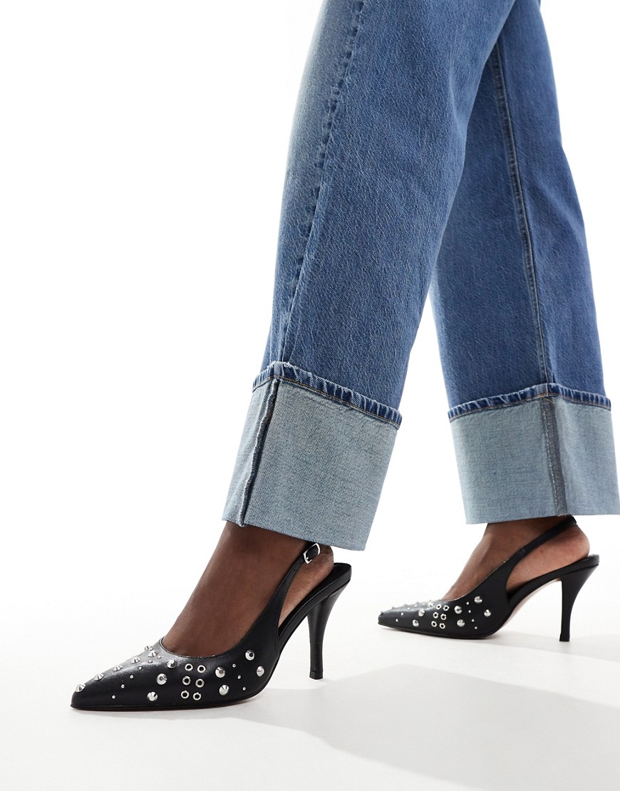 ASOS DESIGN Serenity studded slingback heeled mid shoes in black