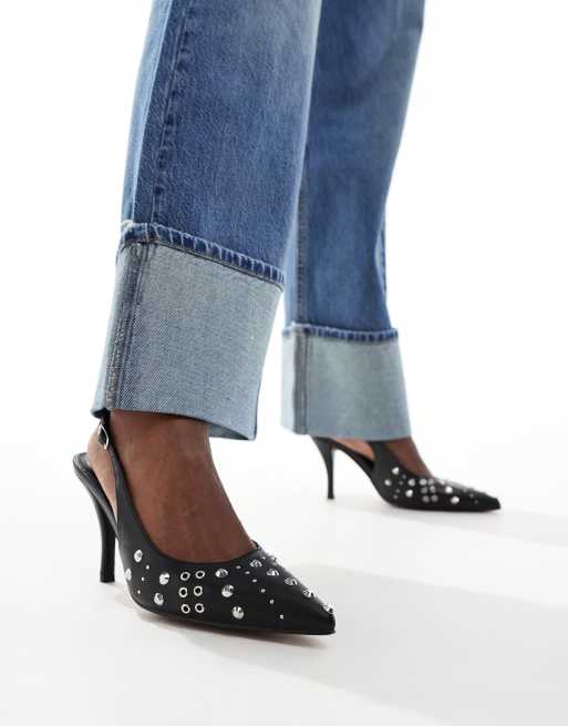 ASOS DESIGN Serenity studded slingback heeled mid shoes in black ASOS