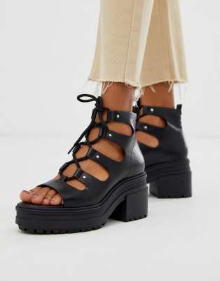 black lace up mid heels