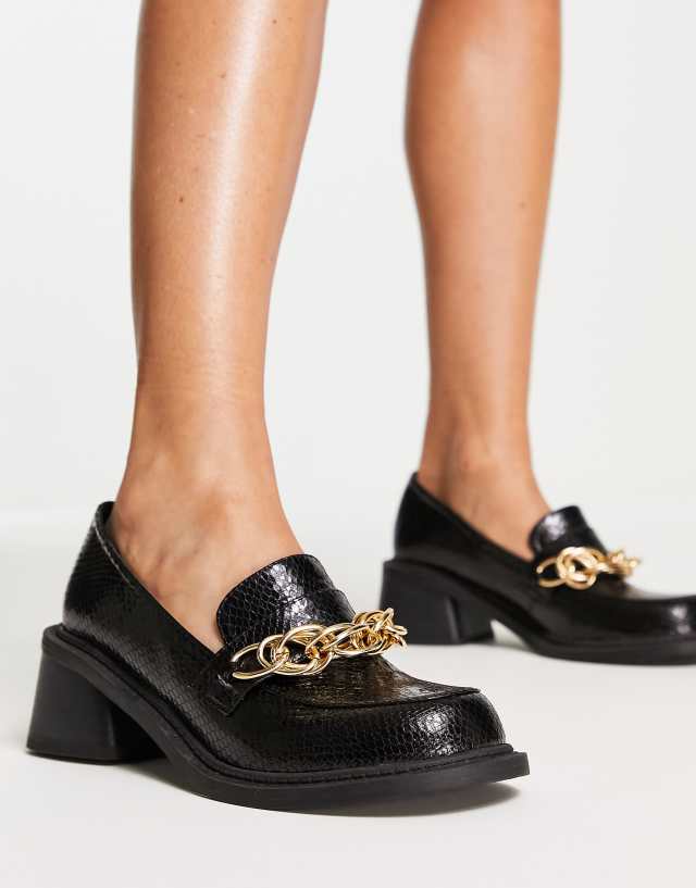 ASOS DESIGN Sergio mid heeled loafers with chain in black