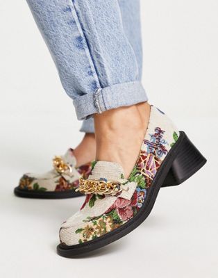 ASOS DESIGN Sergio mid heeled loafers with chain in jacquard