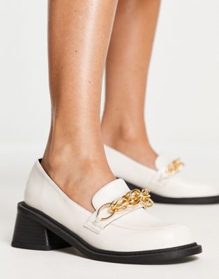 ASOS DESIGN Sergio mid heeled loafers with chain in off white