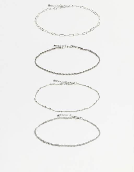 ASOS DESIGN - Set 4 van enkelbandjes met fijne schakelketting in zilver